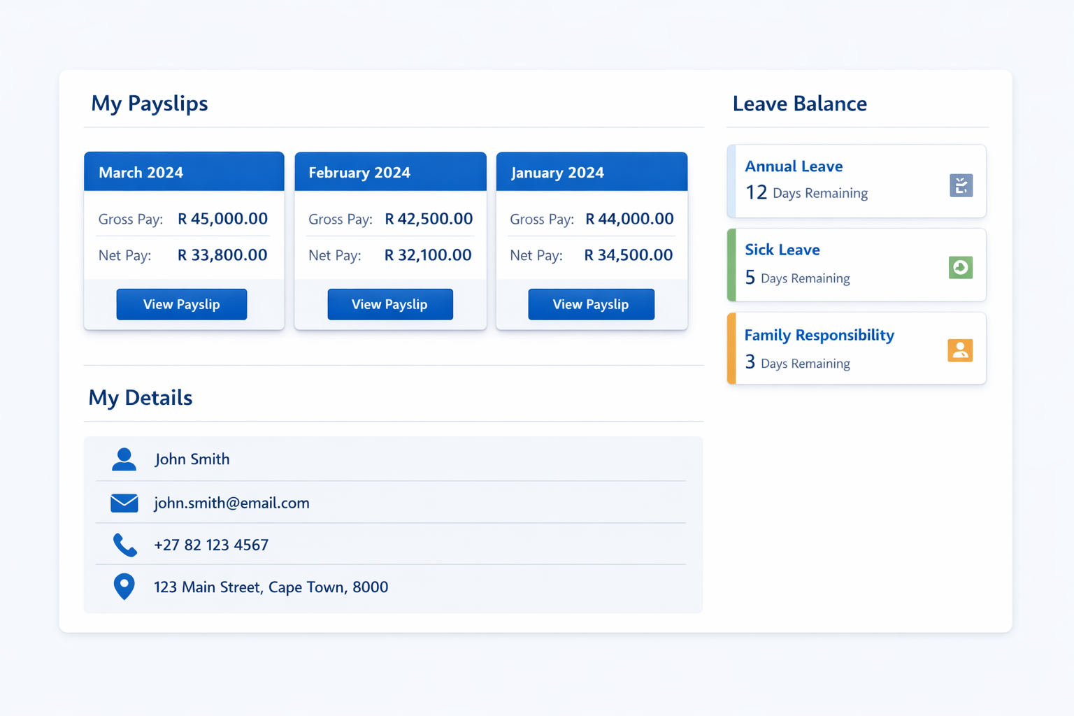 Employee self-service payroll portal — personal payslip viewer, leave balance dashboard, and personal details section